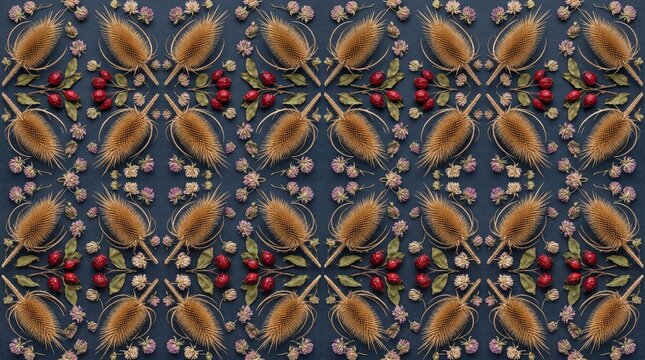 Autumn botanical pattern flat lay with dried teasel rosehips and clover top view