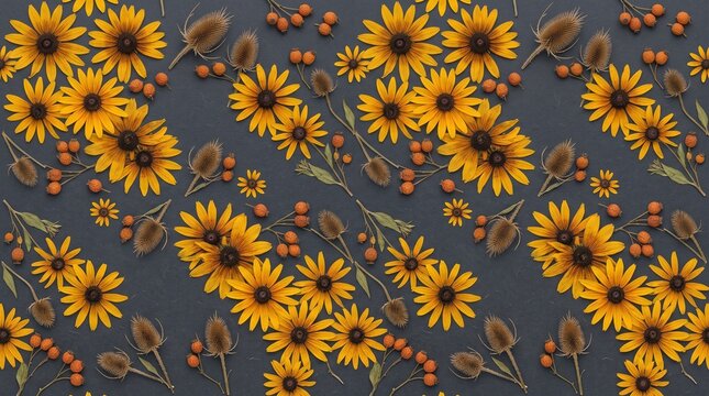 Yellow rudbeckia flowers and dried teasel on dark grey background flat lay pattern