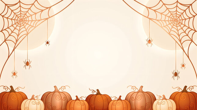 Halloween vector background features pumpkins spiderwebs and hanging spiders against a pale orange backdrop