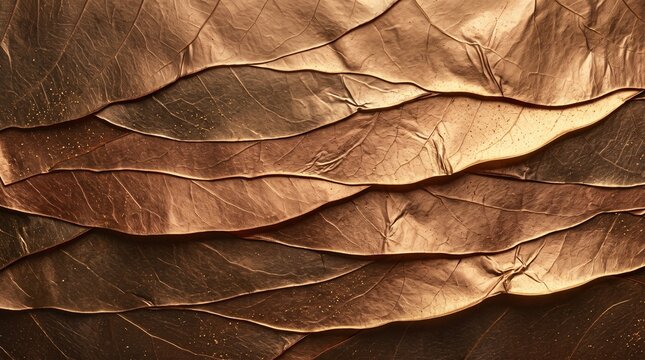 Abstract copper metallic leaves texture background with overlapping veins 3D render