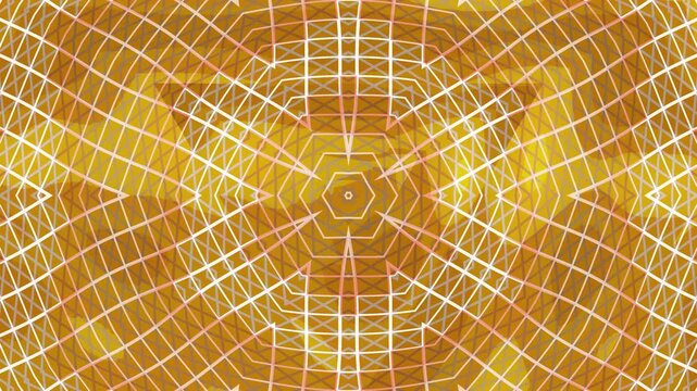 Radiant golden sacred geometry animation featuring symmetrical polygon grids, luminous mandala center, intricate wireframe patterns, and seamless motion background for creative projects.
