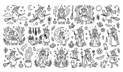 Fototapeta premium Magical Witch and Wiccan Cottagecore Vector Icon Bundle with Cauldron Broomsticks Herbal Potions and Celestial Line Art Design Elements