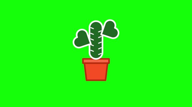 Minimalist 2D vector illustration of a dark green cactus plant with heart-shaped arms in an orange terracotta pot, isolated on a bright green background for graphic design.