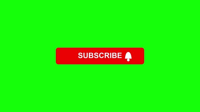 Red subscribe button with white notification bell icon on solid green screen background for video production, chroma keying, and social media content creation, high quality graphic.