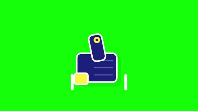 Blue identification card icon with yellow photo slot and vertical tag clip isolated on a bright green chroma key background. Minimalist flat design 3D sticker style with white border for digital UI.