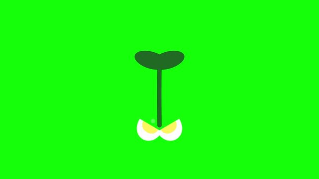 Minimalist 2D vector illustration of an abstract plant character featuring a dark green heart-shaped sprout top and sliced boiled egg eyes on a vibrant neon green background for design.