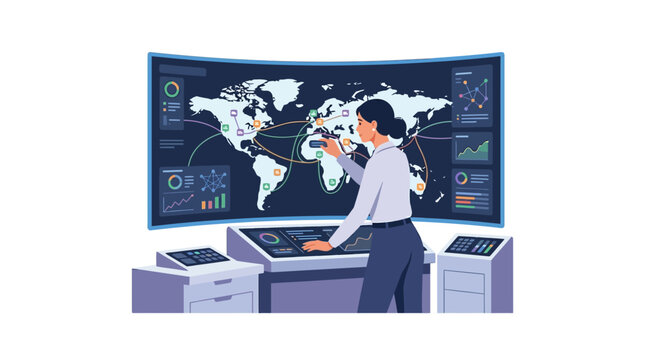 Female logistics coordinator managing global shipping routes and supply chain data on digital screen flat vector element.