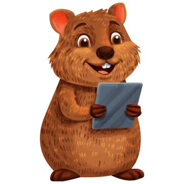 a smiling quokka looking a tablet