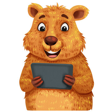 a smiling quokka looking a tablet