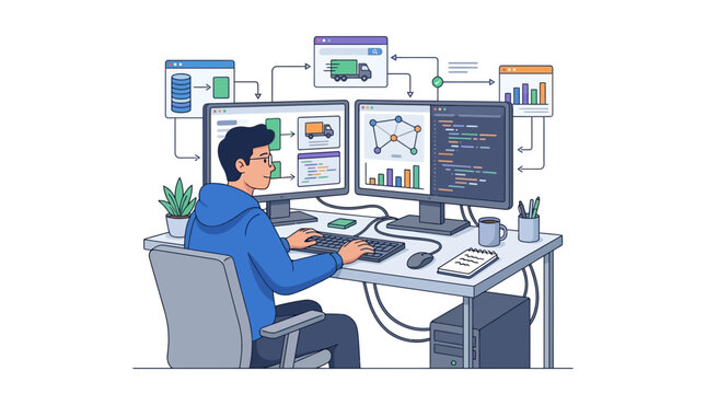 Software developer coding logistics and shipping management platform on dual monitors flat vector element.