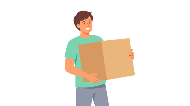 Happy young man holding large cardboard box for relocation or delivery service flat vector element