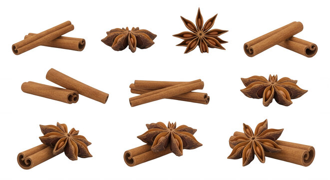 arrangement of cinnamon sticks and star anise spices on a clean white background culinary and recipe purposes