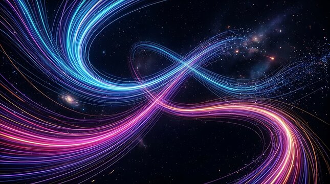 Abstract background with glowing blue and pink neon light streaks moving in curves across a deep dark black space scene