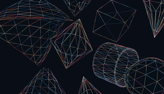 Abstract geometric 3D shapes, wireframe polygons, dark background, digital art