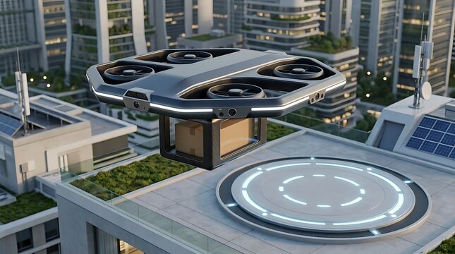 Futuristic delivery drone flying over a modern city rooftop landing pad with smart technology and high tech infrastructure