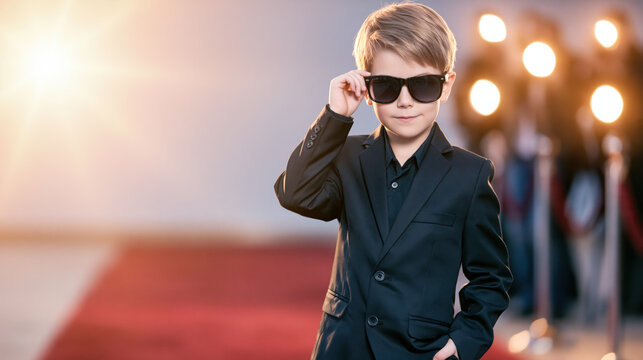 Child actor black suit sunglasses red carpet young boy formal wear stylish child fashion pose event spotlight