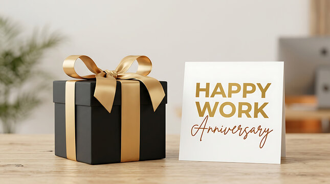 Black gift box with gold ribbon and happy work anniversary card