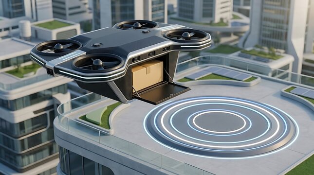 Modern delivery drone carrying a package while hovering above a futuristic building rooftop with a circular landing pad