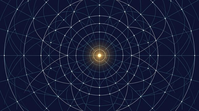 Abstract digital navigation grid with glowing radial lines and geometric circular patterns