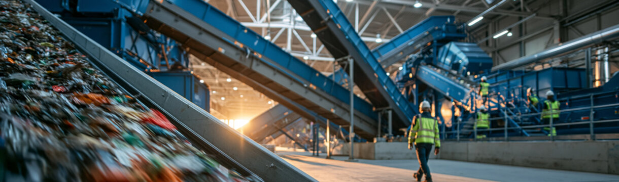 Recycling Facility Operations: Workers in a large-scale recycling facility oversee the sorting and processing of waste materials on conveyor belts.