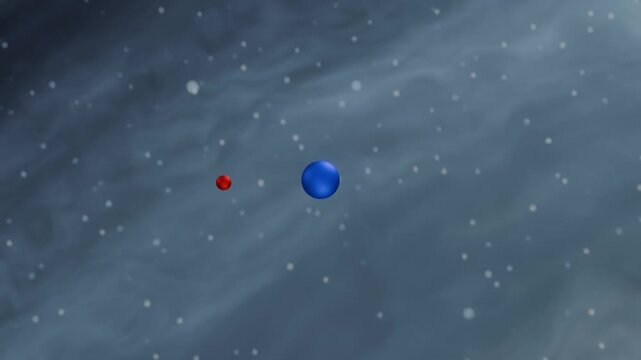 hydrogen atom with a blue proton and red electron, illustrating atomic structure and particle physics.