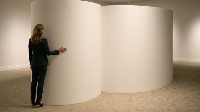 Businesswoman in a suit is isolated on a white studio background showing a curious and nosy expression while listening attentively with a side glance.