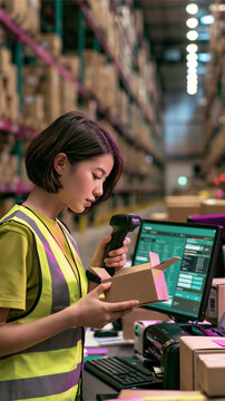 Warehouse Inventory Check: A focused female worker, wearing a high-visibility vest, scans a package with a barcode reader in a bustling warehouse, overseeing inventory management on a computer screen.