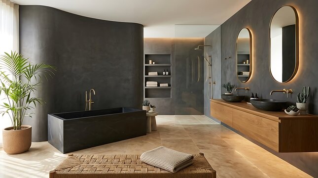 Modern luxury bathroom with dark walls wooden vanity and bathtub in a spacious home interior with indoor green plants
