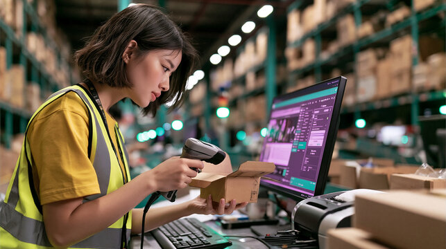 Warehouse Inventory Management: A focused female worker uses a barcode scanner and computer to manage inventory in a modern warehouse, surrounded by shelves stocked with boxes.