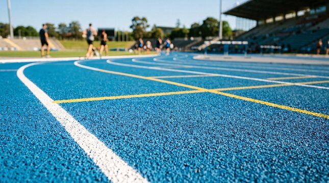 Close-up perspective of an athletic running track painted a striking azure blue color with crisp white and yellow lane dividing line marks.