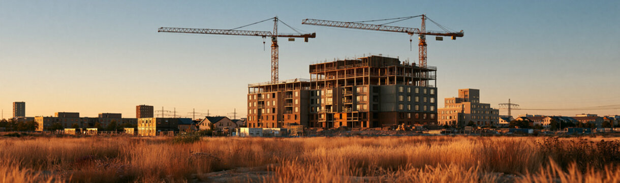 Urban Development in Progress: Towering cranes oversee the skeletal framework of a new building under construction against a warm, gradient sky, signifying growth and development.