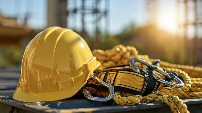 Safety Gear on Construction Site: A yellow hard hat and safety harness, essential personal protective equipment, rest on a wooden surface at a construction site under a bright sky.