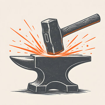 Vintage blacksmith hammer striking anvil with fiery sparks vector illustration Generative AI