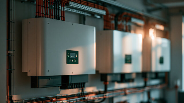 Solar Inverter Array: A row of modern solar inverters mounted on a wall, converting solar energy into usable electricity.