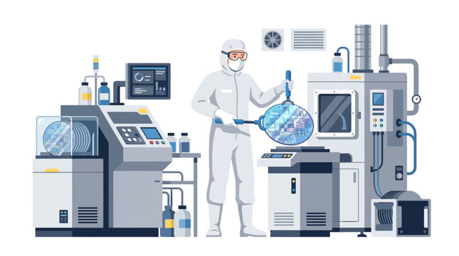 Professional semiconductor operator inspecting a silicon wafer in a high-tech cleanroom laboratory flat vector element.