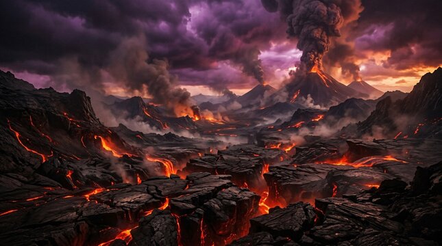 Dark cracked volcanic earth with glowing orange magma seeping through fissures, set against an ominous stormy purple apocalyptic sky.