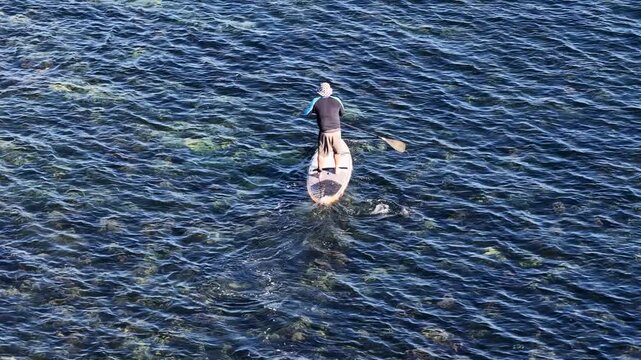 Aerial View of Person Stand Up Paddleboarding in Clear Ocean Water