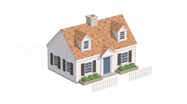 Title: Small white suburban house isometric 3D architectural rendering with brown shingle roof blue door and white picket fence on white backdrop

