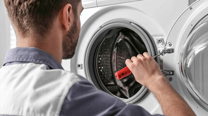 Obraz premium Appliance Repair: A skilled technician uses a screwdriver to repair the drum of a washing machine, showcasing expertise in household appliance maintenance and service.