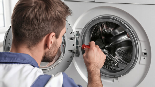 Washing Machine Repair: A skilled technician meticulously inspects and repairs a washing machine, demonstrating expertise in appliance maintenance and problem-solving.