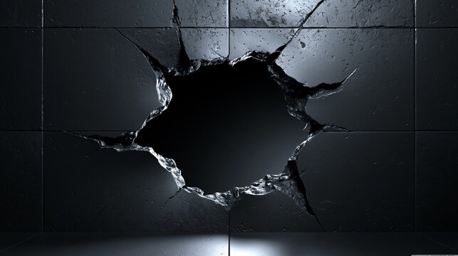 Broken futuristic black metal panel wall with shattered hole abstract background