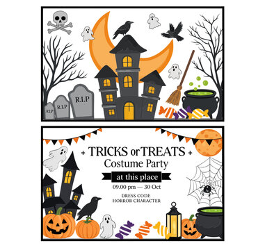 Halloween party invitation set with tricks or treats theme
