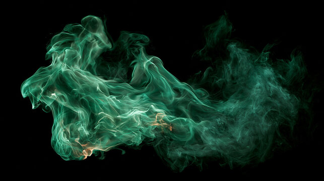 Abstract green smoke cloud overlay or fluid magic effect isolated on black background