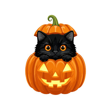 Adorable vector kitten sitting in a large pumpkin autumn decoration