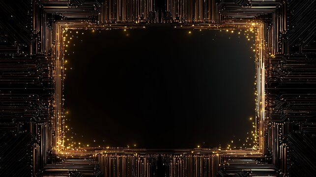 High‑contrast illustration of circuit board frame with gold conductive traces enclosing black rectangle, glowing yellow light nodes, tech themed graphic	
