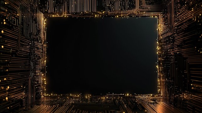 High‑contrast illustration of circuit board frame with gold conductive traces enclosing black rectangle, glowing yellow light nodes, tech themed graphic	
