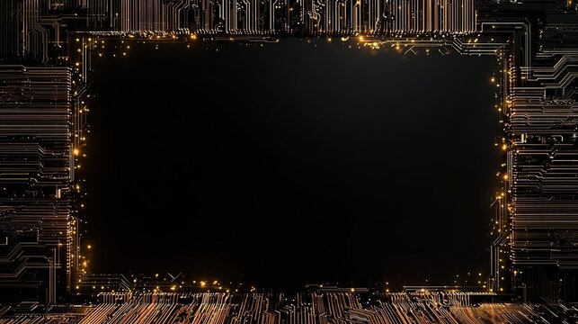 High‑contrast illustration of circuit board frame with gold conductive traces enclosing black rectangle, glowing yellow light nodes, tech themed graphic	
