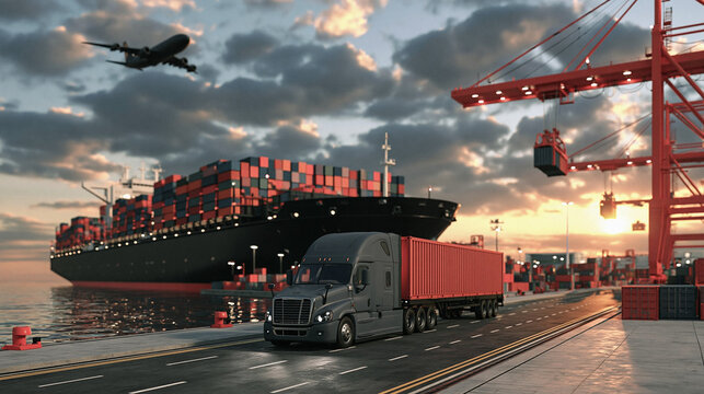 Global Shipping Hub: A massive cargo ship, laden with containers, docks at a bustling port as a truck waits to unload and an airplane flies overhead, symbolizing international trade and logistics.