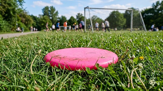 Ground-level view of a neon pink plastic frisbee lying in unkempt green grass on a sunny day, with people playing near a soccer goal behind.