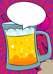 Cartoon Mug of Beer with blank speech bubble, comic book alcohol background. Retro comics pop art design.